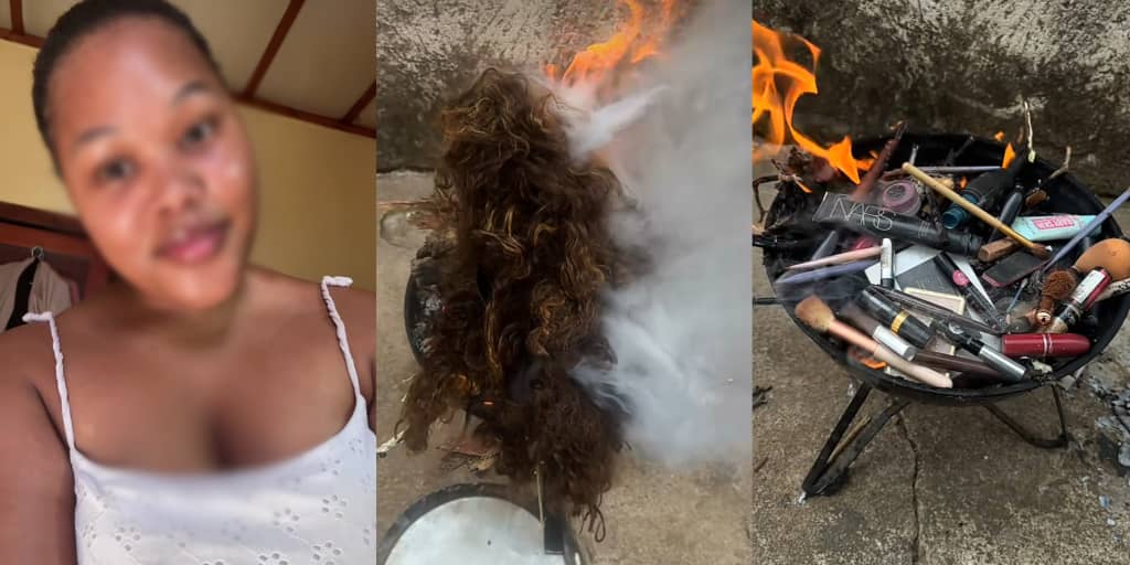 Lady sets fire to makeup and wigs as she embraces 'God's natural beauty'