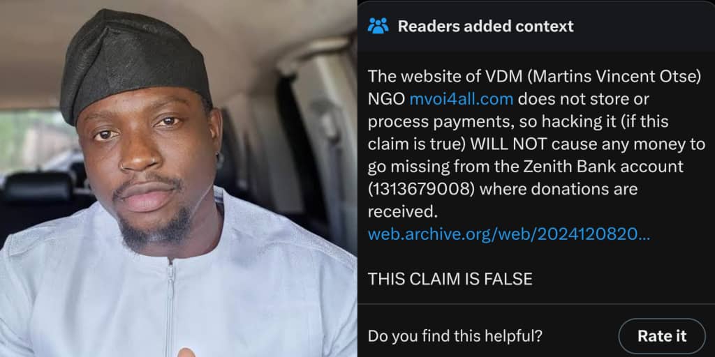 Community note labels VeryDarkMan's claim of NGO website hack and ₦180m theft 'false'