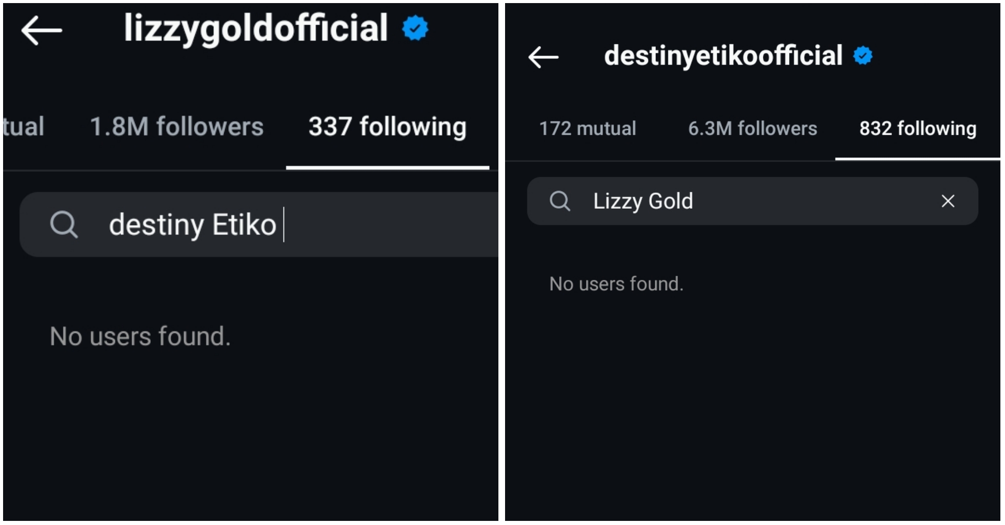 Screenshot of Destiny Etiko and Lizzy Gold Instagram unfollow 