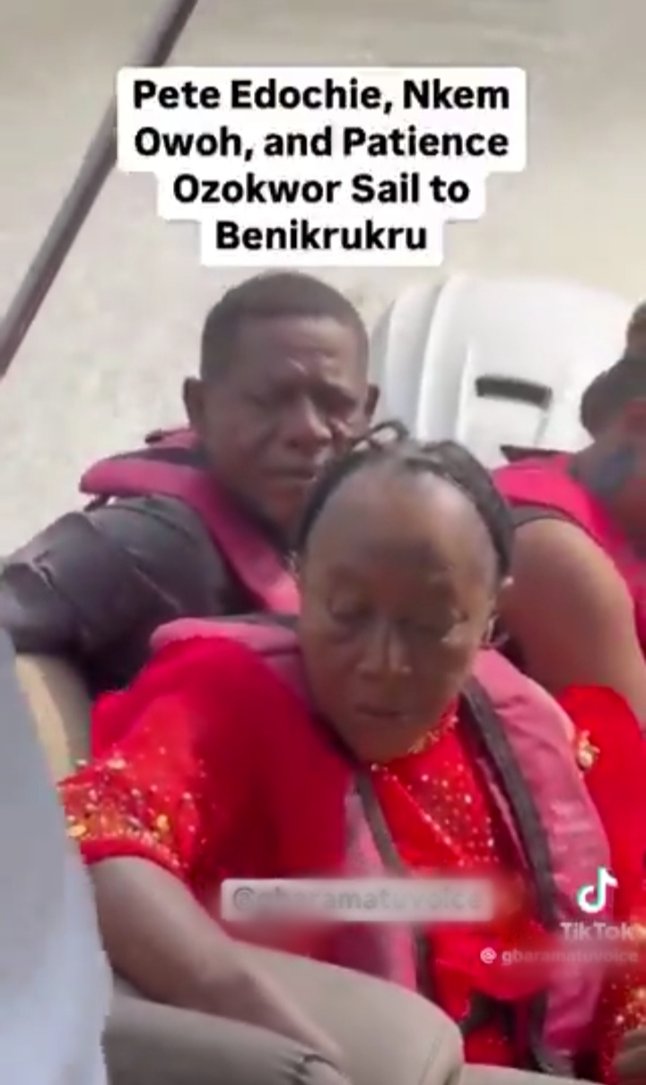 Netizens react to trending video of Pete Edochie, Nkem Owoh, and Patience Ozokwor in boat to a movie location