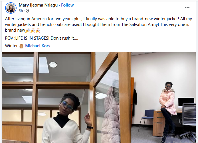 Lady celebrates buying her first 'brand-new' winter jacket since 2 years of living in America