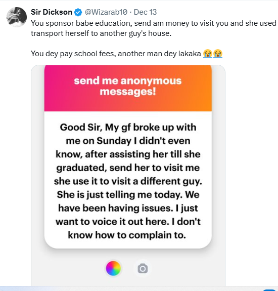 Man heartbroken as he finds out girlfriend has been cheating after sponsoring her education 