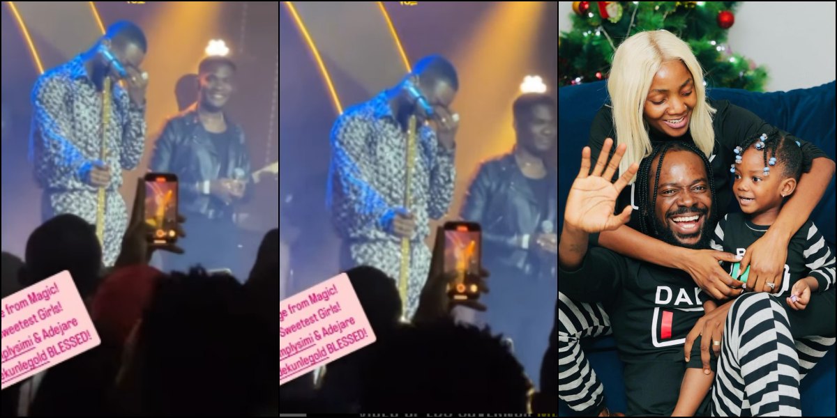 Emotional moment Adekunle Gold cries on stage as he receives message from his wife and daughter during concert