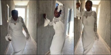 Lady flaunts gown tailor made after asking him to make corporate dress for her project defense