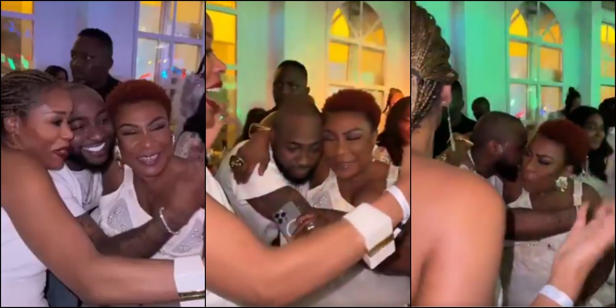 Adorable moment Davido meets with Burna Boy's mother at Tony Elumelu's all-white party