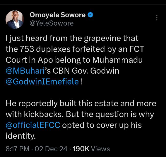 753 duplexes forfeited by court belongs to Emefiele - Sowore reveals