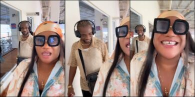 Nkechi Blessing reacts as she catches Speed Darlington admiring her derrière at the airport