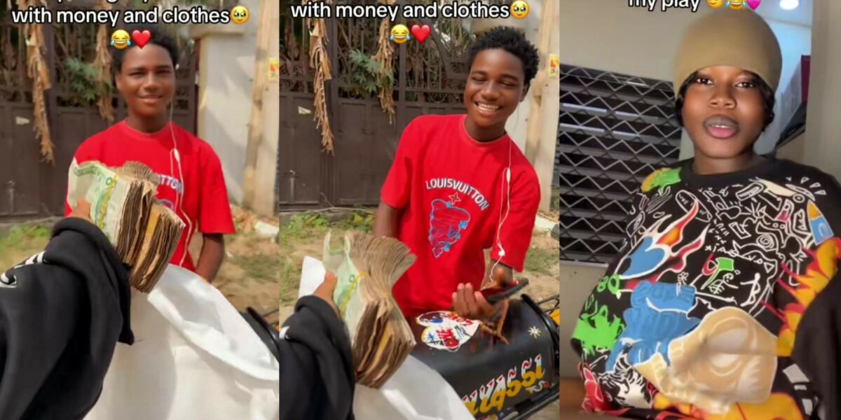 Emotional moment lady surprises her bikeman with cash and clothes