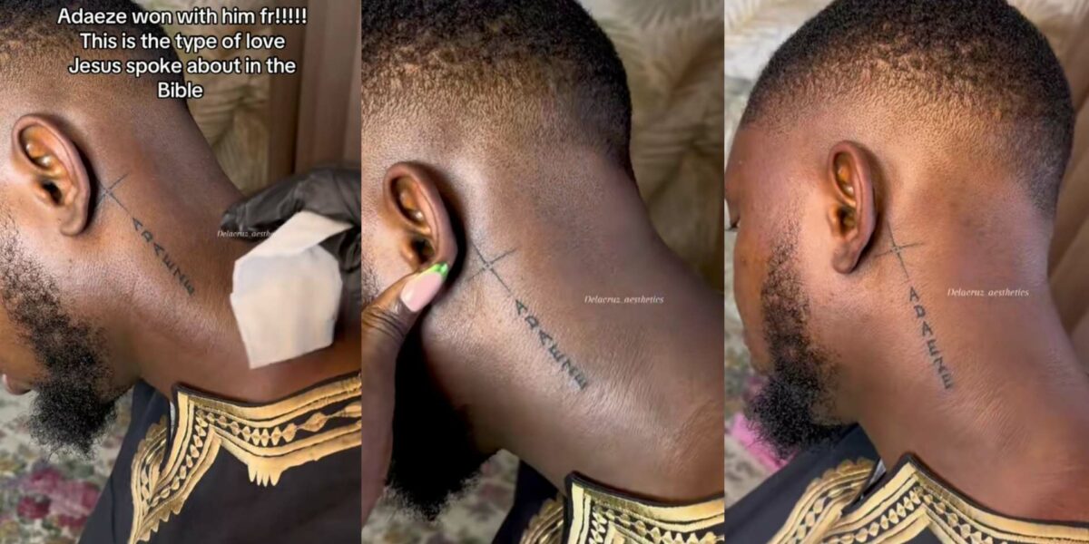 Nigerian man takes his love for his woman to another level as he tattoos her name boldly on his neck.