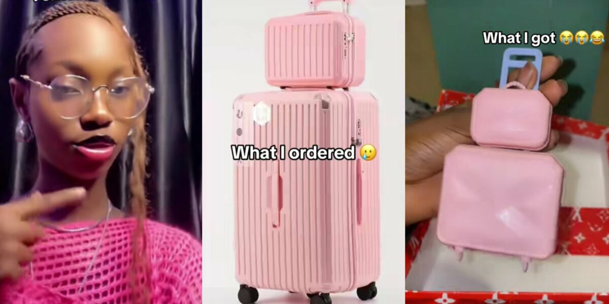 Lady in tears as she displays luggage she received after buying from online store