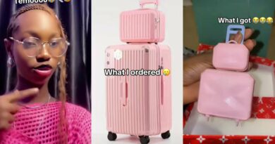 Lady in tears as she displays luggage she received after buying from online store