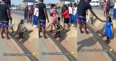 Drama as boy demands money from folks crossing his 'bridge'