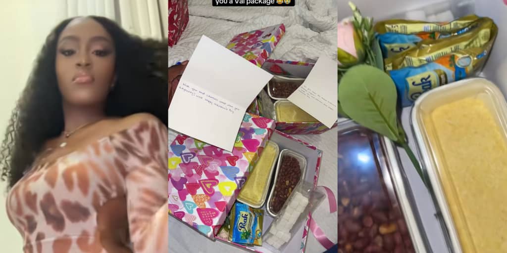 Lady stirs the internet with Valentine's gift of garri, sugar, milk, and groundnut from her talking stage