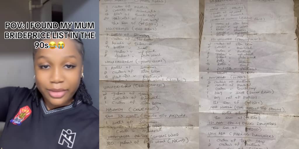 Lady shocks the internet by flaunting her mother's 90s bride price list from Imo State