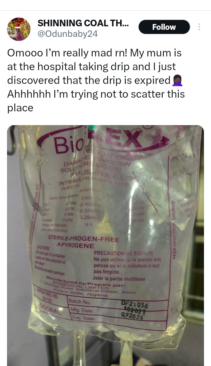 Lady enraged as she discovers that hospital administered expired IV drip to her mother 