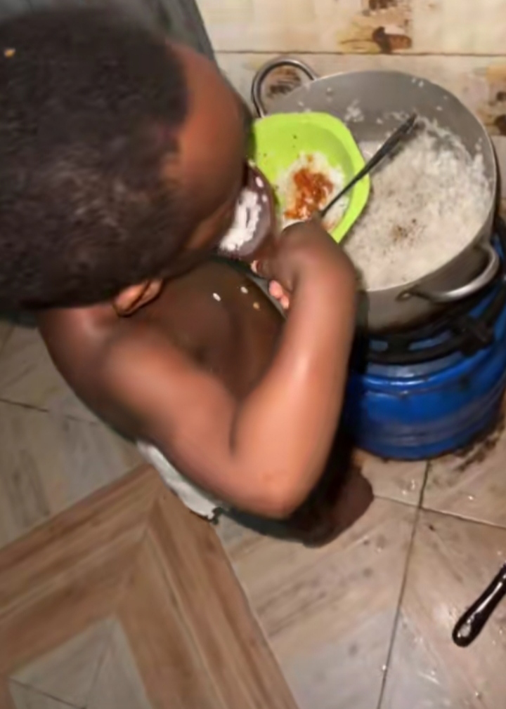 Mom surprised as she catches little son in kitchen dishing food for himself