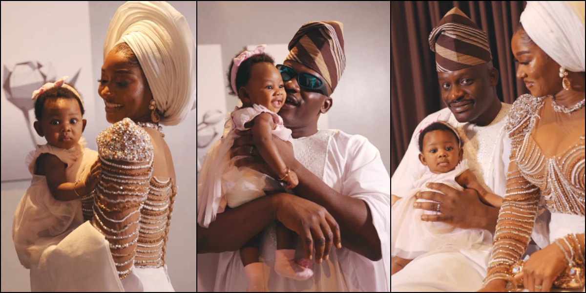 Wofai Fada and Taiwo Cole unveil their baby's face as they celebrate her dedication