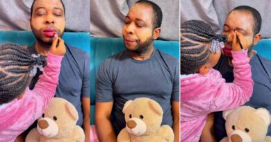 Adorable moment daughter uses dad's face to learn make-up