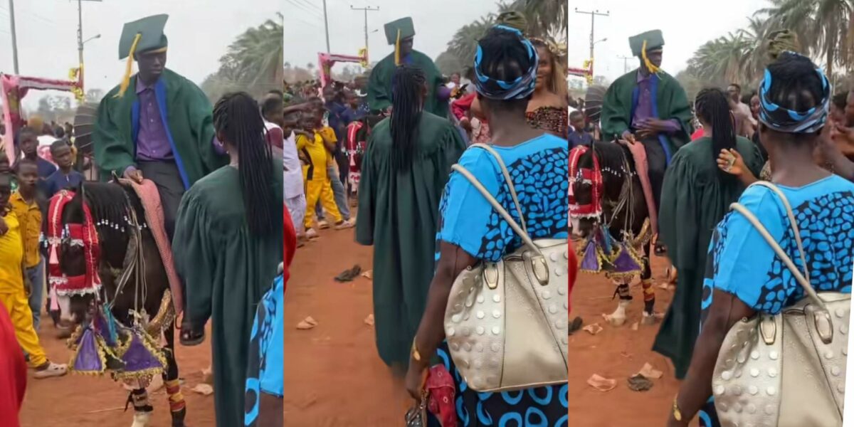 Moment fresher storms his matriculation on a horse