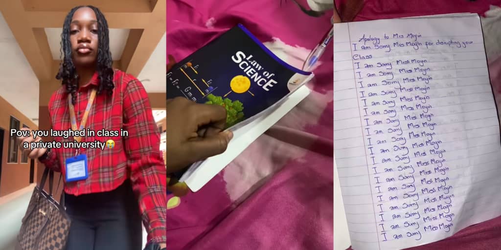 Lecturer punishes female student for laughing in class, makes her write 'I am sorry, Miss Moyin' in notebook