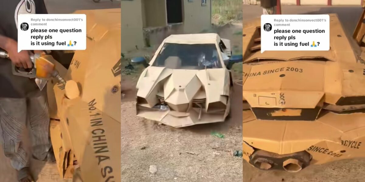 Man builds functioning car from cartons, takes it to filling station for petrol