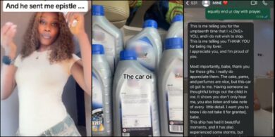 Lady shares boyfriend's reaction after buying him engine oil as birthday gift