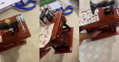 Tailor vents as she receives miniature sewing machine from online store