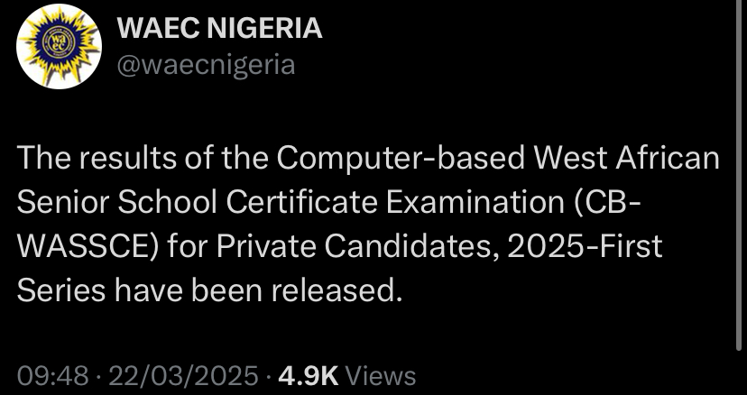 WAEC releases 2025 computer-based WASSCE results for private candidates