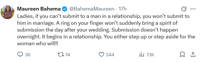 "If you can’t submit to a man in a relationship, step aside for someone who will" - Lady tells women