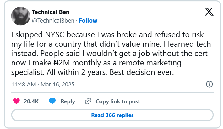 Man who skipped NYSC to learn tech skill shares how he now earns N2m monthly