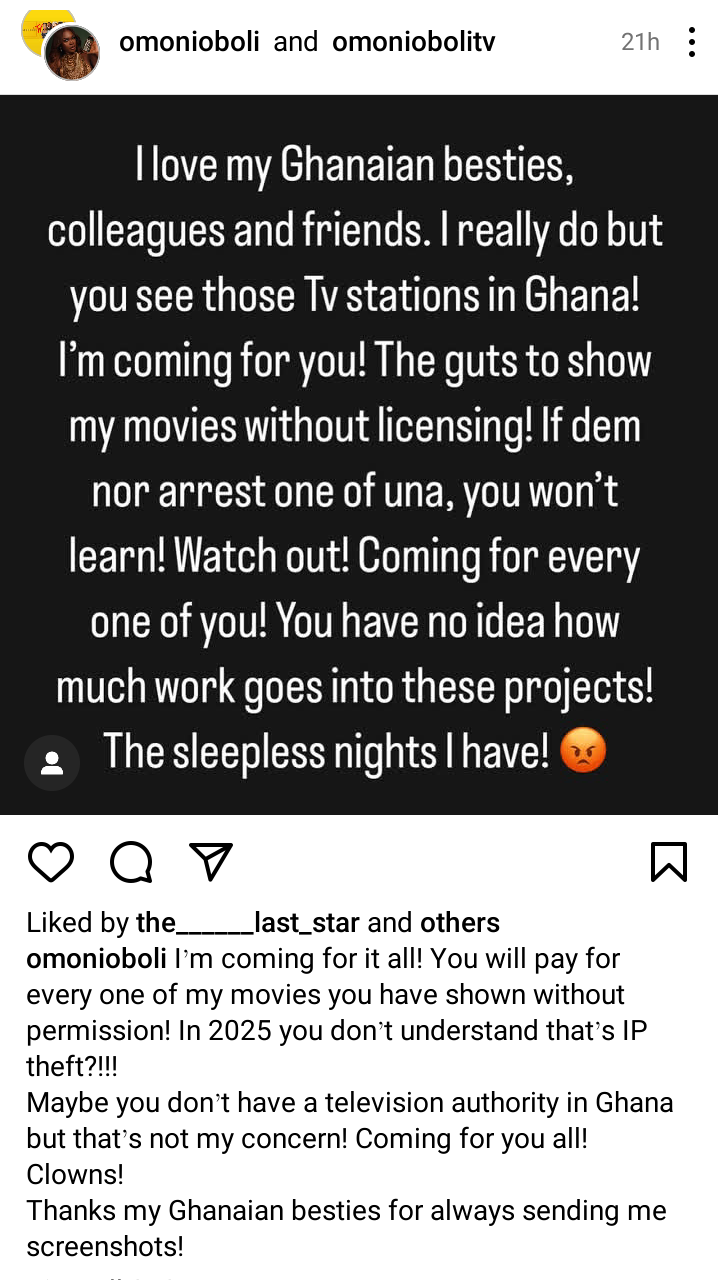 Omoni Oboli rages, calls out Ghanaian TV stations for airing her movies without her permission 