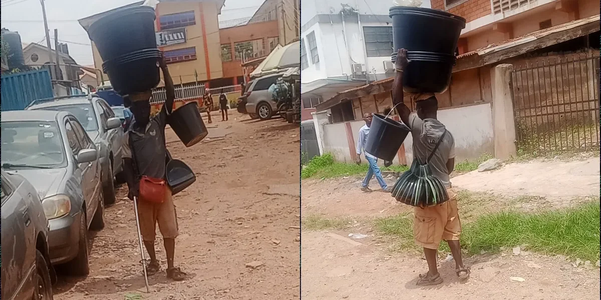 Visually impaired man hawking plastic containers sparks a buzz