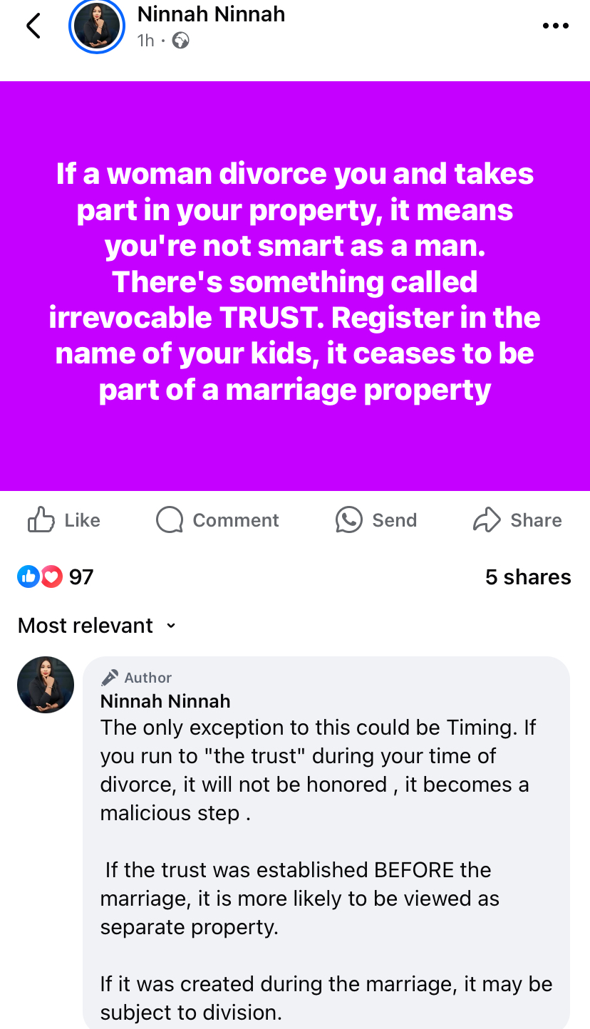 “You're not smart if your wife takes your property after divorce” – Lawyer advises men
